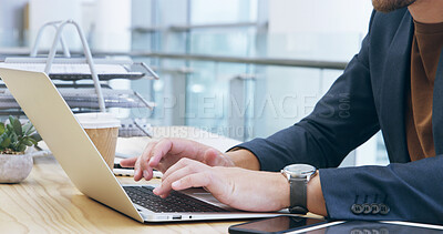 Buy stock photo Laptop, typing and hands of business person in office for client portfolio, investment banker and planning. Financial advisor, capitol report and profit with closeup of employee for research