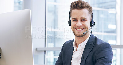 Buy stock photo Portrait, business and man with computer, call center and smile with friendly service in office. Face, person and consultant in workplace, pc or telemarketing with professional, headset and pride