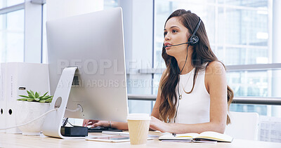 Buy stock photo Business, woman and talk on computer in call centre for sales faq, customer service and ecommerce. Agent, headset and online for telemarketing, consulting questions and helping client of tech support