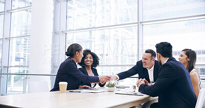 Buy stock photo Group, handshake and business people in office, success or partnership for company merger. Employees, coworking or team shaking hands, profit growth or celebration with collaboration, deal or welcome