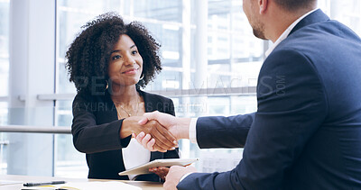 Buy stock photo Welcome, handshake and business people in office, celebration and partnership for company merger. Employees, coworking and shaking hands with profit growth, cooperation and thank you with success