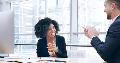 Buy stock photo Applause, success and teamwork with business people and computer for deal, achievement and client approval. Winner, support and good news with employees in office for celebration and congratulations