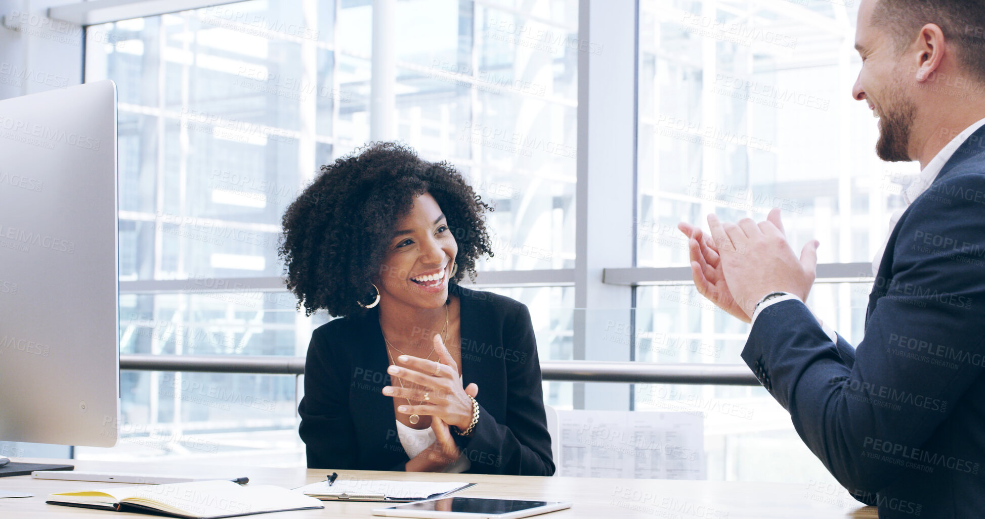 Buy stock photo Applause, success and teamwork with business people and computer for deal, achievement and client approval. Winner, support and good news with employees in office for celebration and congratulations