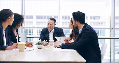 Buy stock photo Manager, business people and group in meeting for discussion, brainstorming ideas and accounting. Collaboration, paper and planning for investment report, bookkeeping and financial strategy in office