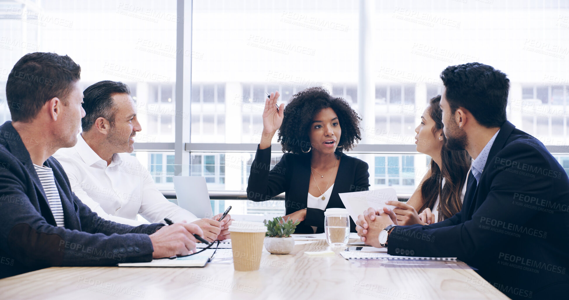 Buy stock photo Planning, business people and leader in meeting for discussion, brainstorming ideas and accounting. Teamwork, agenda or group collaboration for investment report, bookkeeping and financial strategy