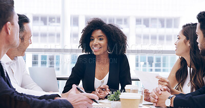 Buy stock photo Manager, business people and leader in discussion for planning, brainstorming ideas and accounting. Teamwork, meeting or group collaboration for investment report, bookkeeping and financial strategy
