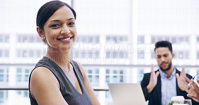 Buy stock photo Corporate, business and portrait with woman in meeting at office for collaboration, development or planning. Career, satisfied and smile with happy employee in agency seminar or workshop for training