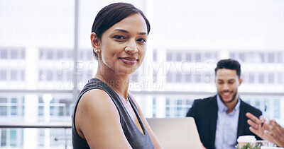 Buy stock photo Business, portrait and proud with woman in meeting at office for collaboration, development or planning. Career, confident and satisfied with happy employee in agency seminar or workshop for training