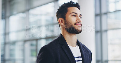 Buy stock photo Airport, travel and walking with business man in lobby or terminal for international flight. Ambition, confident and journey with happy passenger at arrival or departure gate for global transport