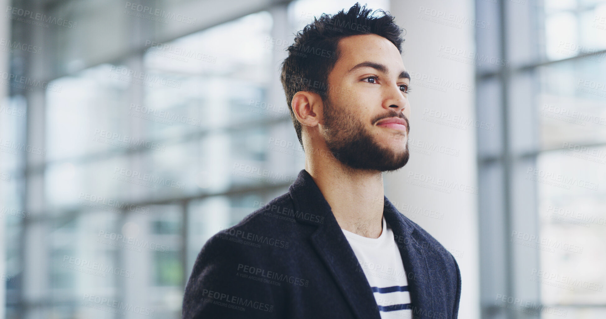 Buy stock photo Airport, travel and walking with business man in lobby or terminal for international flight. Ambition, confident and journey with happy passenger at arrival or departure gate for global transport