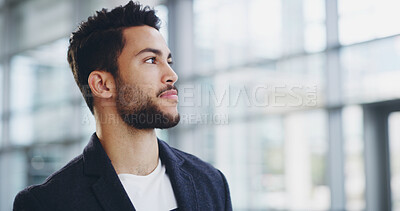 Buy stock photo Airport, thinking and travel with business man walking in terminal for international flight. Future, idea and planning with passenger at arrival or departure gate for journey or transportation