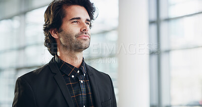 Buy stock photo Airport, lobby and travel with business man walking in terminal for international flight. Ambitious, idea and thinking with passenger at arrival or departure gate for journey or transportation