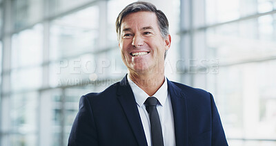 Buy stock photo Airport, smile and thinking with business man walking in terminal for international flight. Future, planning and vision with mature passenger at station for arrival, journey or transportation