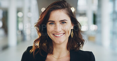 Buy stock photo Smile, portrait and woman in office with confidence for property development opportunity. Realtor, consultant or face of businesswoman in real estate, business management or professional in lobby