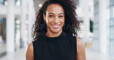 Buy stock photo Confident, portrait and happy woman in office with career recruitment opportunity in HR. About us, consultant or face of businesswoman in human resources, job management or professional in business