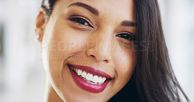 Buy stock photo Happy, woman and portrait with makeup for beauty of dermatology, natural cosmetics and aesthetics. Female person, smile and confidence with facial makeover, grooming treatment and wellness progress
