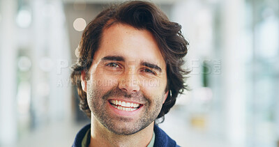 Buy stock photo Happy, portrait and man in office, startup and excited for achievement in business or reporter. Confident, smile and joy for career growth in media agency, journalist and person with positive mindset