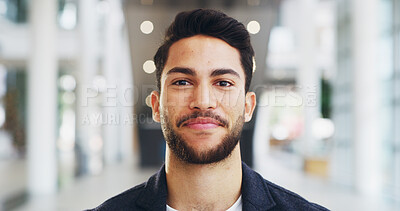 Buy stock photo Portrait, confident and man in office, ambitious and positive mindset for career growth in business. Proud, employee and person with smile in startup, media coordinator and happy for opportunity