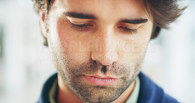 Buy stock photo Depressed, sad and man in home, thinking and unhappy with  break up in living room, lonely and apartment. Contemplating, grief and person with heartbreak for divorce, mental health or stress in house