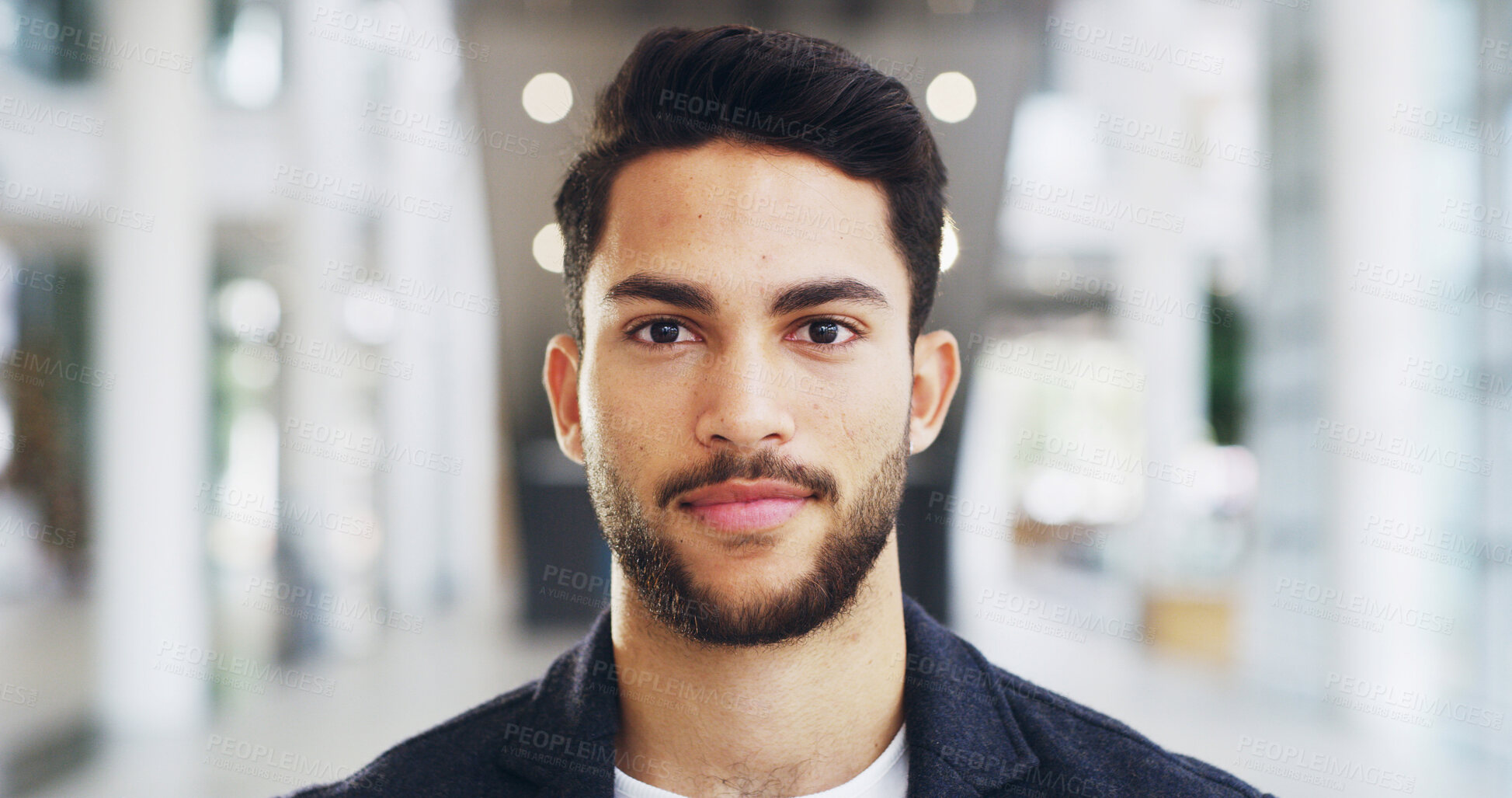 Buy stock photo Smile, portrait and man in office with confidence for property development opportunity. Realtor, consultant or face of businessman in real estate, business account management or professional in lobby