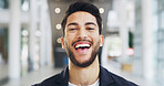 Laughing, portrait and man with smile, office and excited for achievement in business or reporter. Startup, happy and joy for career growth in media agency, journalist or person with positive mindset