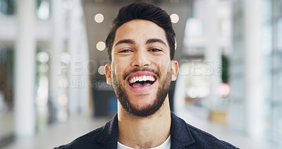 Buy stock photo Laughing, portrait and man with smile, office and excited for achievement in business or reporter. Startup, happy and joy for career growth in media agency, journalist or person with positive mindset
