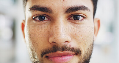 Buy stock photo Face, confident and man in office, ambitious and positive mindset for career growth in business. Proud, portrait and person with smile in startup, media coordinator or opportunity for employee in USA