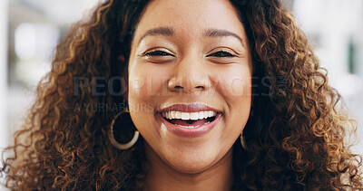 Buy stock photo Funny, portrait and professional with business woman for confidence, creative journalist and laugh. Magazine editor, happiness and opportunity with african person in startup agency for comedy