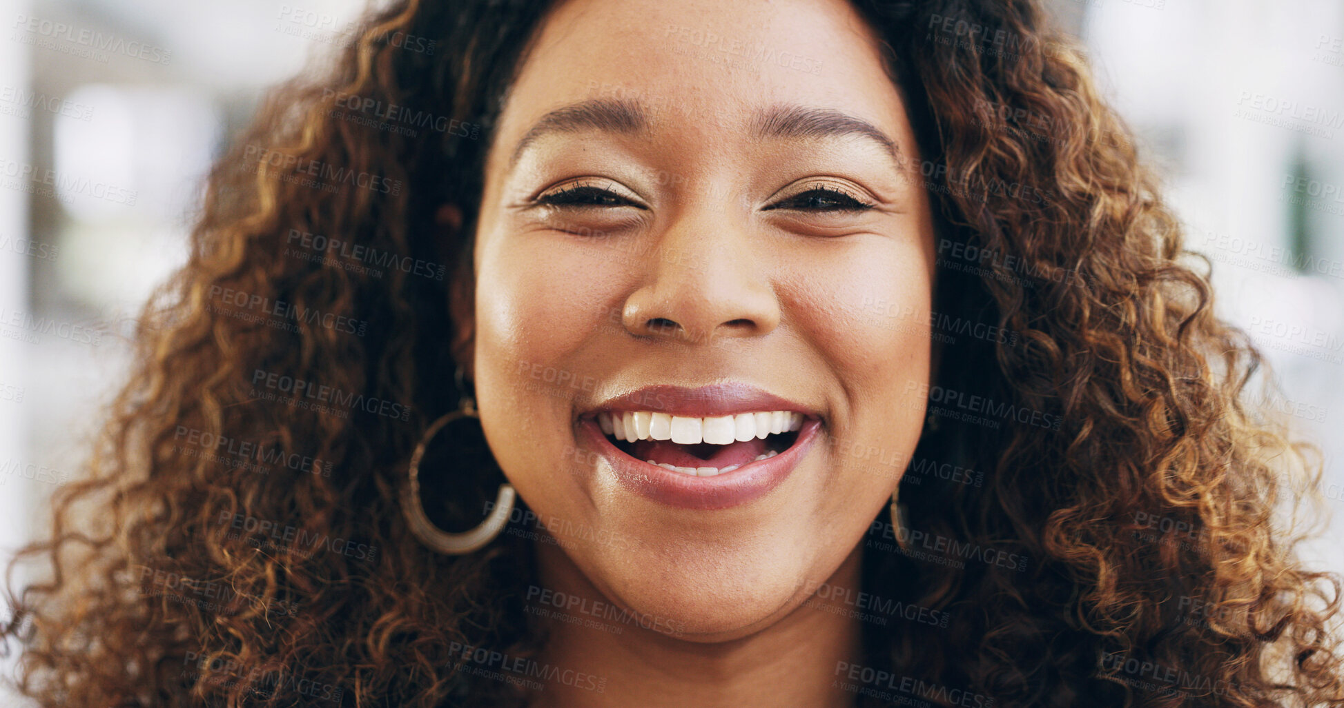 Buy stock photo Funny, portrait and professional with business woman for confidence, creative journalist and laugh. Magazine editor, happiness and opportunity with african person in startup agency for comedy