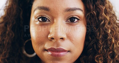 Buy stock photo Smile, African woman and portrait with makeup for makeover, natural beauty and cosmetic results. Female person, closeup and confidence with facial transformation, grooming glow and wellness aesthetic