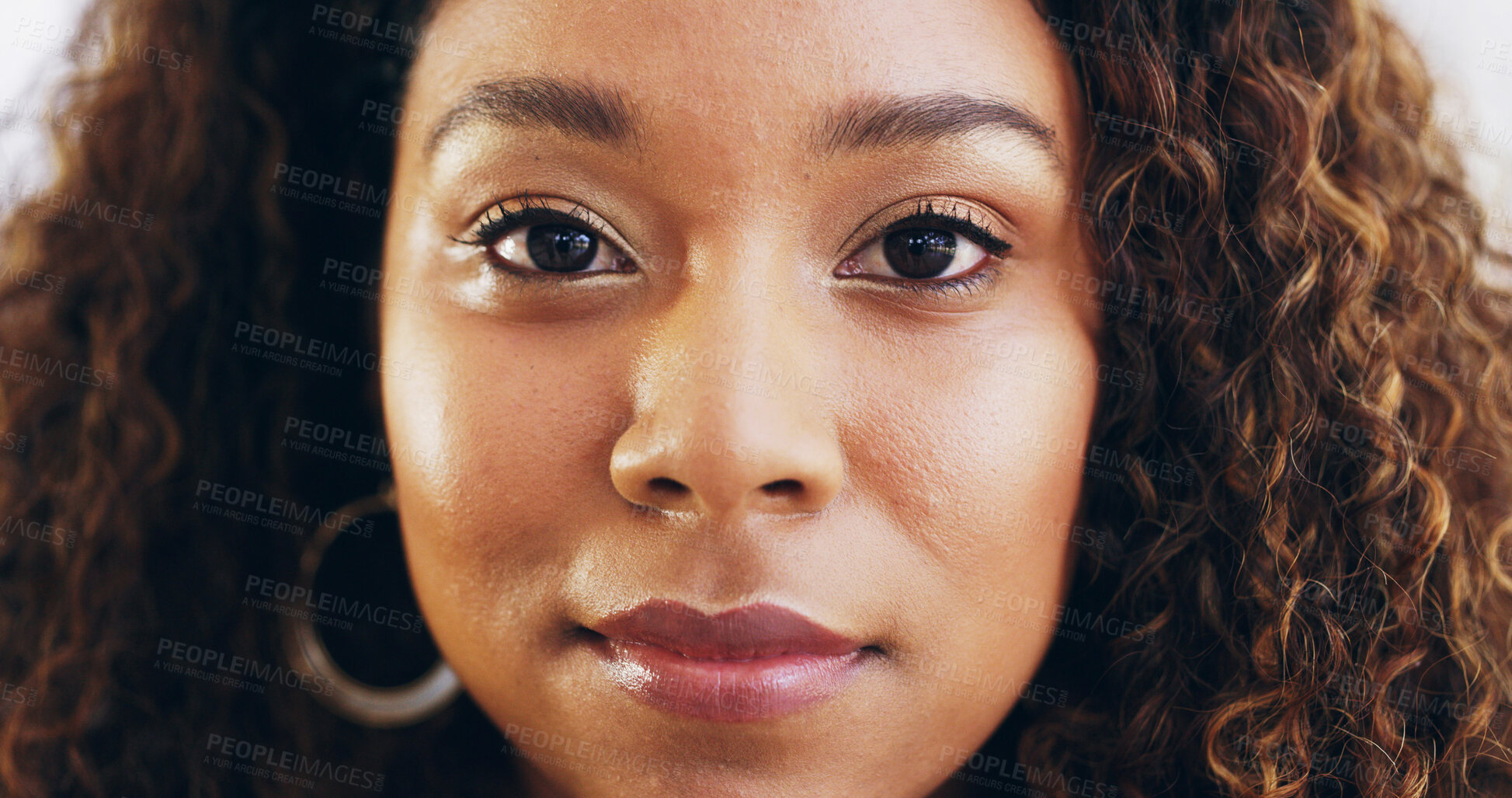 Buy stock photo Smile, African woman and portrait with makeup for makeover, natural beauty and cosmetic results. Female person, closeup and confidence with facial transformation, grooming glow and wellness aesthetic