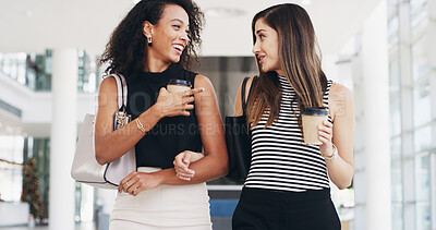 Buy stock photo Business women, coffee and friends in office for conversation, walking and smile. Workers, team and together in lobby with drink, collaboration or laugh at funny gossip in creative startup on break