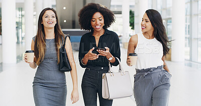 Buy stock photo Business women, walking and team in office for creative conversation, coffee and networking with phone. Happy workers, friends and together in lobby with drink, collaboration or planning on break