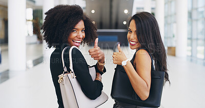 Buy stock photo Thumbs up, portrait and team with business people in office for success deal approval and smile. Support, feedback and agreement with women in agency for thank you, vote and review guarantee