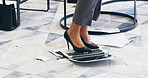 Step, feet and business woman on laptop in office frustrated for network crisis, glitch and mistake. Professional, corporate and person crush, break and smash computer angry for scam, spam and fail