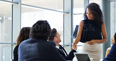 Buy stock photo Business people, manager and shaking hands for meeting, partnership or collaboration in office. Hiring, executive director or financial investor with proposal, handshake or teamwork for negotiation