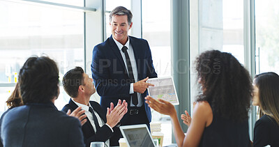 Buy stock photo Business people, presentation and man with tablet, applause and success with connection. Employees, clapping or meeting in workplace, fintech and achievement with celebration and networking in office