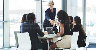 Buy stock photo Business people, manager and meeting for handshake, partnership and collaboration in office. Mature, executive director and financial investor with proposal, promotion or teamwork for negotiation