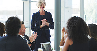Buy stock photo Celebration, business people and applause for presentation, meeting and happy for achievement and teamwork. Public relations, group smile and clapping for success, accomplishment and win for office