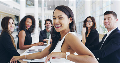Buy stock photo Portrait, confident and business woman in meeting for discussion, funding or budget review for company. Teamwork, staff and proud analyst with finance information or smile for project development