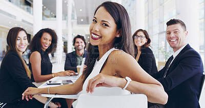 Buy stock photo Portrait, smile and business woman in meeting for discussion, funding or budget review for company. Teamwork, staff and proud analyst with finance information or confident for project development