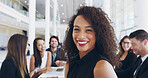 Portrait, confident and happy woman in meeting for discussion, funding or budget review for business. Teamwork, staff and proud analyst with finance information or smile for project development