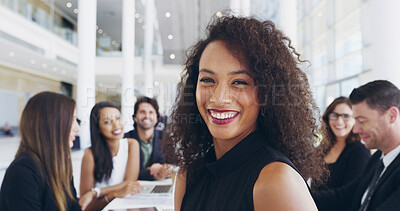 Buy stock photo Portrait, confident and happy woman in meeting for discussion, funding or budget review for business. Teamwork, staff and proud analyst with finance information or smile for project development
