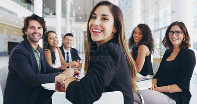 Buy stock photo Portrait, confident and business woman in meeting for proposal, funding or budget review for company. Teamwork, office staff and proud analyst for finance information or smile for project development