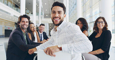 Buy stock photo Portrait, confident and businessman in meeting for proposal, funding or budget review for company. Teamwork, office staff and proud analyst for finance information or smile for project development
