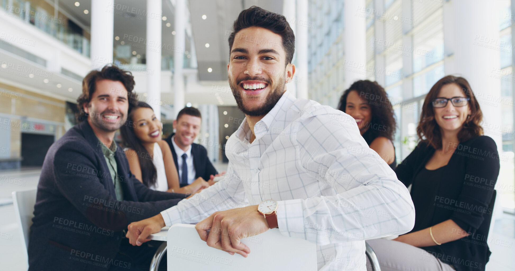 Buy stock photo Portrait, confident and businessman in meeting for proposal, funding or budget review for company. Teamwork, office staff and proud analyst for finance information or smile for project development