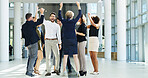 Business, people and fist pump for success in office with celebration, financial deal and team achievement. Staff, cheers and collaboration for good news, investment announcement and promotion winner
