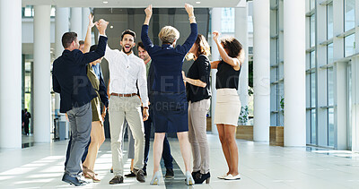 Buy stock photo Business, people and fist pump for success in office with celebration, financial deal and team achievement. Staff, cheers and collaboration for good news, investment announcement and promotion winner