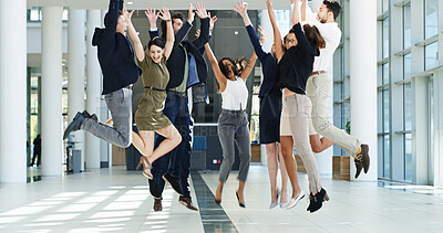 Buy stock photo Business, people and jump for success in office with celebration, financial deal and team achievement. Staff, cheers and group with energy for good news, investment announcement and promotion winner