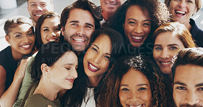Buy stock photo Friends, hug and smile with business people in office together for love, support or team building. Collaboration, diversity and portrait with employee group happy in company workplace for bonding